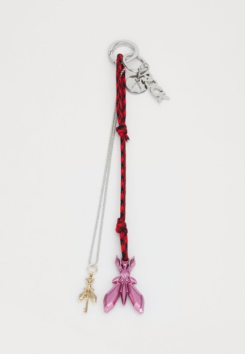 Keychain with a pink insect charm, red and black woven cord, silver chain, and metallic accents. Features "Rock" tag and a small gold insect charm.