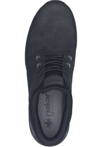 Black athletic shoe with a smooth, textured upper, featuring laces, a mesh panel, and a patterned insole with a logo.