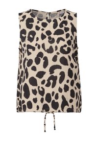 Haut sans manches beige avec imprimé léopard noir, décolleté rond, fermeture à boutons au dos et lien ajustable à l'ourlet.
