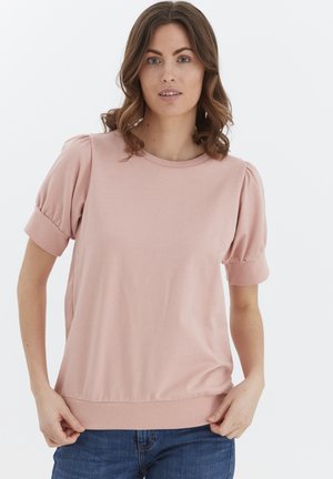 Hellrosa Kurzarm-T-Shirt aus weichem Material, mit rundem Ausschnitt und Raffungen an den Ärmeln, sowie einem taillierten Bund.