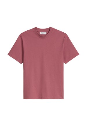 Kurzärmeliges T-Shirt in staubrosafarbener Farbe. Hergestellt aus weichem Baumwollstoff. Klassischer Rundhalsausschnitt mit normaler Passform und geradem Saum.
