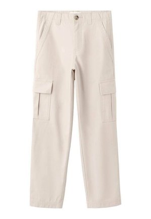Pantalon cargo beige en tissu léger, doté de deux poches latérales et de deux poches cargo, avec une coupe droite et une taille élastique.