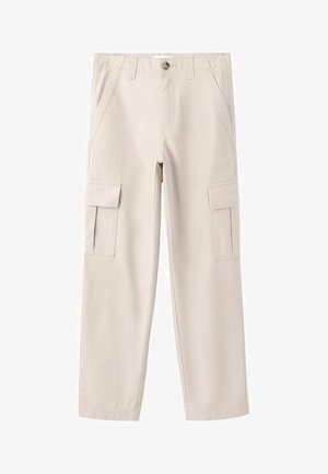 Pantalon cargo beige en tissu léger, doté de deux poches latérales et de deux poches cargo, avec une coupe droite et une taille élastique.