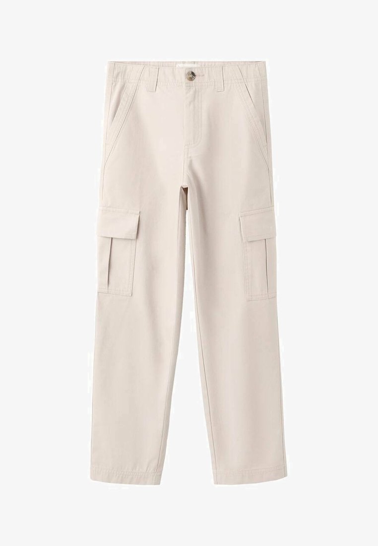 Pantalon cargo beige en tissu léger, doté de deux poches latérales et de deux poches cargo, avec une coupe droite et une taille élastique.