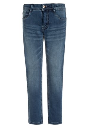 Jeans in denim blu con tasche frontali, chiusura con bottoni e texture delicatamente sbiadita, mostrati frontalmente su sfondo bianco.