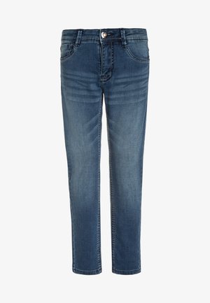 Jeans in denim blu con tasche frontali, chiusura con bottoni e texture delicatamente sbiadita, mostrati frontalmente su sfondo bianco.