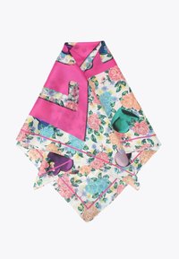 Sciarpa di seta multicolore con motivo floreale in tonalità pastello, con una sezione prominente rosa e accenti geometrici. I bordi sono rifiniti con cura.
