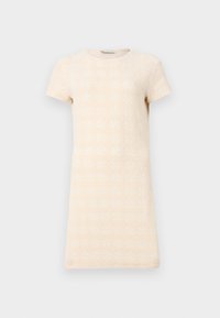 Short-sleeve dress in light beige, featuring a textured pattern of diamond shapes. Simple, straight cut with a round neckline.