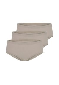Three pairs of beige women's hipster briefs made from soft, stretchy fabric. Features a smooth waistband and minimalistic design.