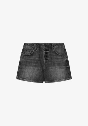 Shorts en jean noir avec cinq boutons noirs à l'avant, deux poches frontales, passants pour ceinture et coutures visibles sur fond blanc.