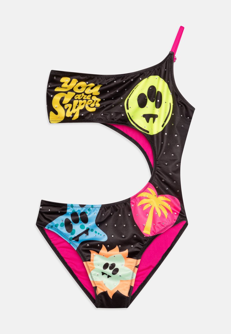 En-skulder svart badedrakt med multikolor smiley-grafikk og palmetre, akkompagnert av rhinsten og en rosa kant.