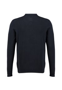 Navyblauer gestrickter Pullover mit langen Ärmeln, rundem Hals und gerippten Akzenten an den Bündchen und dem Saum. Glatte Textur, einfaches Design.