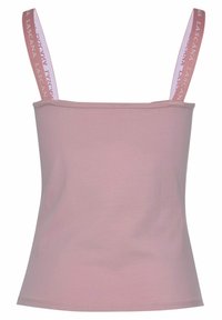 Light pink camisole with adjustable straps featuring a logo on the strap. Smooth texture and simple, fitted design.