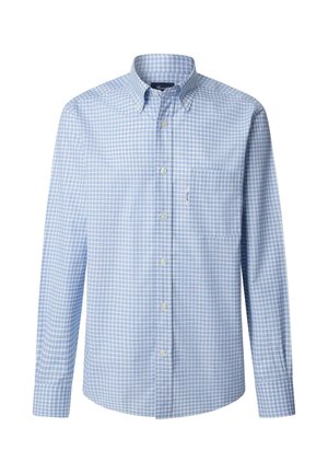 Jasnoniebieska i biała koszula w kratkę typu gingham z długimi rękawami, kołnierzykiem, kieszonką na piersi i standardowym krojem. Wykonana z tkaniny tkanej.