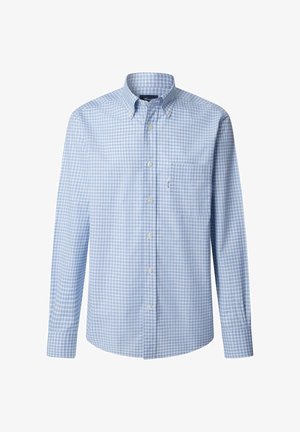 Jasnoniebieska i biała koszula w kratkę typu gingham z długimi rękawami, kołnierzykiem, kieszonką na piersi i standardowym krojem. Wykonana z tkaniny tkanej.