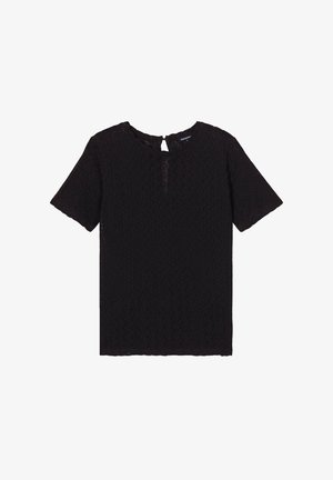 Top corto de manga corta negro con un patrón texturizado y un cierre en la parte posterior tipo ojal. Hecho de tela ligera y transpirable.