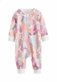 Multicolored baby onesie featuring a playful animal pattern in pink, purple, and blue. Made of soft fabric with long sleeves and a front zipper.