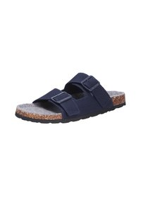 Infradito navy slip-on con due cinghie regolabili, tomaia in rete, poggiapiedi in sughero e suola in gomma. Sottopiede grigio testurizzato per il massimo comfort.