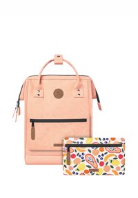 Peach-colored backpack in soft material with a front zip pocket and a round logo. Includes a small zip pouch featuring a colorful fruit pattern.