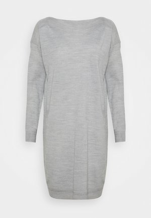 Gray knit sweater dress with an off-the-shoulder design, long sleeves, and ribbed cuffs. Smooth texture and slightly loose silhouette.