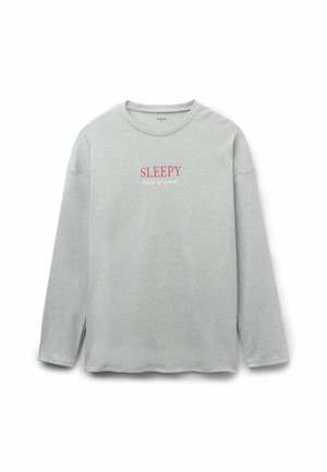 Šedé tričko s dlouhým rukávem vyrobené z měkkého materiálu. Na přední straně je uprostřed nápis "SLEEPY" v růžové barvě a "state of mind" v bílé barvě. Kulatý výstřih.