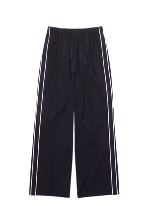 Navy wide-leg pants with an elastic waistband, featuring two vertical white and navy stripes along the sides. Smooth fabric texture.