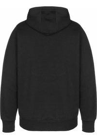 Felpa nera con cappuccio dal tessuto morbido, maniche lunghe e polsini e orlo a costine. La vista posteriore non presenta ulteriori motivi o dettagli.