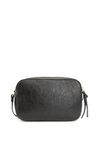Borsa cosmetica nera in pelle con finitura tessurizzata, zip dorata e una piccola maniglia. Forma rettangolare con base piatta per stabilità.
