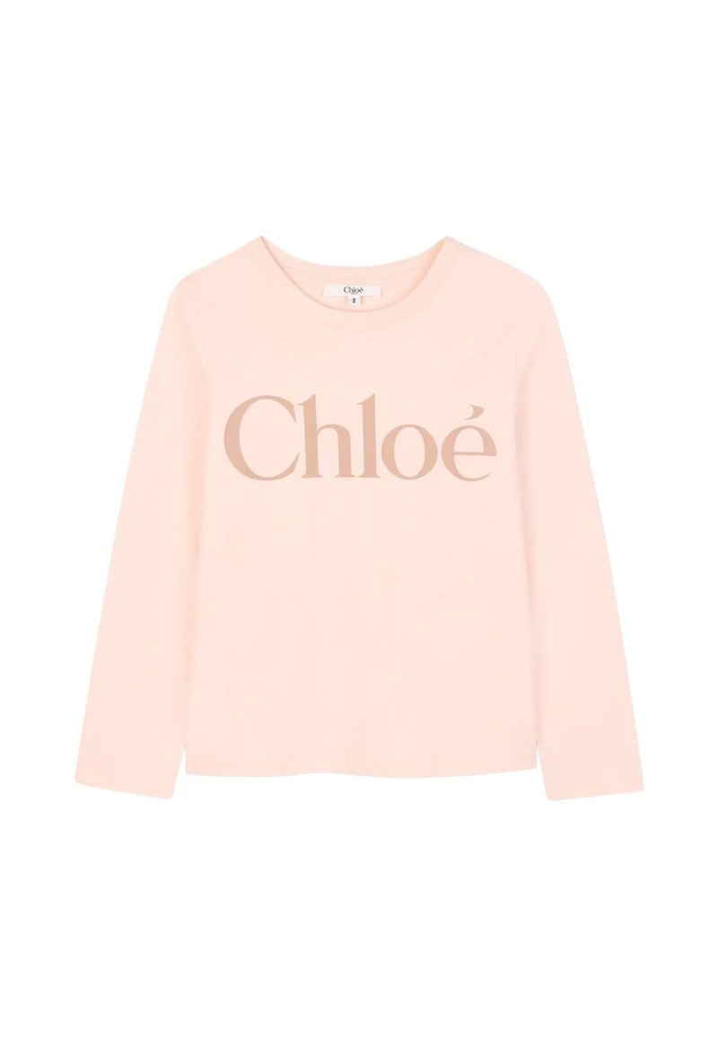 Różowa koszulka z długim rękawem, wykonana z miękkiego materiału, z okrągłym dekoltem. Posiada duży, kontrastowy napis "Chloé" w beżowym kolorze.