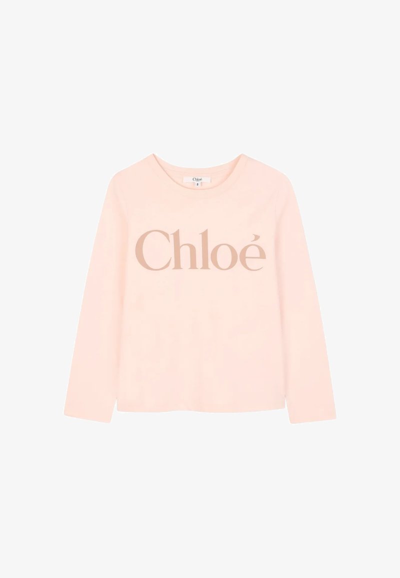Różowa koszulka z długim rękawem, wykonana z miękkiego materiału, z okrągłym dekoltem. Posiada duży, kontrastowy napis "Chloé" w beżowym kolorze.