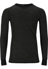 Långärmad tröja i melerad svart tyg. Har rund halsringning, raglanärmar och kontrasterande svarta manschetter. Slät textur, figursydd design.