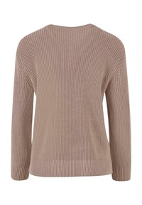 Beige strikkegenser med ribbestruktur, rund hals og lange ermer med løs passform. Den bakre visningen viser et sømløst design.