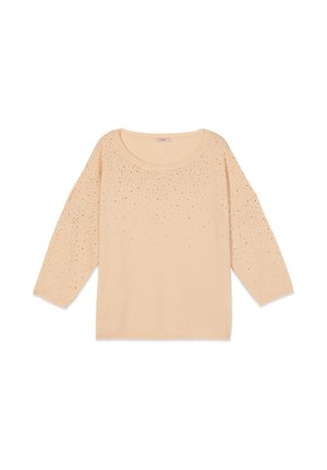 Hellbeiger Langarm-Pullover mit Rundhalsausschnitt, verziert mit kleinen, verstreuten Strasssteinen auf der oberen Vorderseite und den Ärmeln.