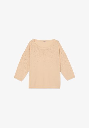 Vaaleanbeige pitkähiha-neulepaita pyöreällä kaula-aukolla, jossa pieniä hajanaisesti sijoiteltuja strassikiviä yläosassa edessä ja hihoissa.