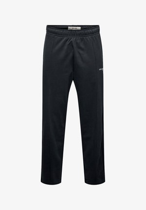 Black jogger pants made from soft fabric, featuring a drawstring waistband, side pockets, and subtle logo text on the lower side.