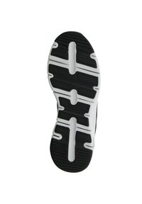 Semelle de chaussure avec un design en caoutchouc noir comportant des motifs texturés, des rainures et des accents blancs pour traction et soutien.