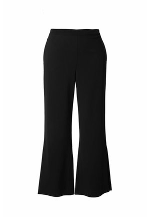 Pantalon noir taille haute à jambes larges avec une légère évasement en bas, sans motifs ni ornements visibles.