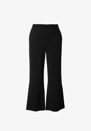 Schwarze, hoch taillierte, weit geschnittene Hose mit leicht ausgestelltem Beinabschluss, ohne sichtbare Muster oder Verzierungen.