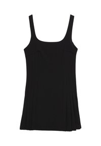 Top nero senza maniche con scollatura quadrata, caratterizzato da pieghe verticali sui lati e una texture liscia in tutto il capo.