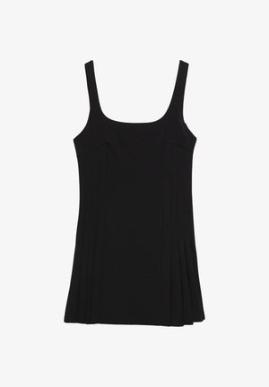 Schwarzes ärmelloses Top mit quadratischem Ausschnitt, das an den Seiten über vertikale Falten und eine durchgehend glatte Textur verfügt.