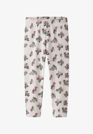 Jasnoróżowe legginsy z elastycznym pasem, ozdobione drobnymi kwiatowymi skupiskami w kolorach różowym, białym i zielonym.