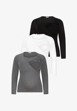 Camisetas de manga larga en negro, blanco y gris. Cada una tiene un diseño cruzado con tela suave y elástica y detalles texturizados alrededor del escote.