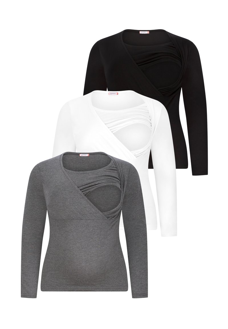 Long-sleeve tops in black, white, and gray. Each has a cross-over design with soft, stretchy fabric and textured detailing around the neckline.
