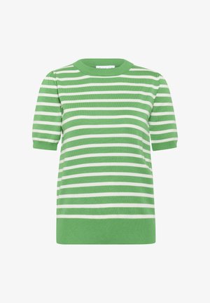 Haut tricot à rayures vertes avec des rayures horizontales blanches, manches courtes bouffantes et col rond. Le tissu a une texture lisse.