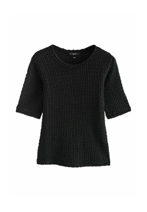 Schwarzer kurzärmeliger Pullover aus strukturiertem Strickstoff mit rundem Halsausschnitt. Verfügt über eine lockere Passform und ein einfaches Design.