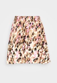 Gonna a pois leopardata con vita elasticizzata arricciata, caratterizzata da tonalità di rosa, marrone e crema. Tessuto leggero con una consistenza morbida.