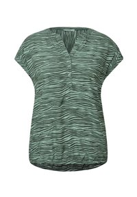 T-shirt à manches courtes vert avec un motif de rayures zébrées, doté d'un col en V et de trois boutons au niveau du cou, fabriqué en tissu léger.