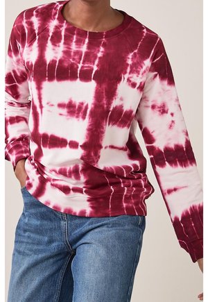 Langarm-Tie-Dye-Sweatshirt in Burgunderrot und Weiß, mit gerippten Bündchen und Saum, einem abstrakten Muster und einem lockeren Schnitt.