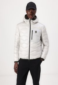 Giubbotto imbottito grigio chiaro con cappuccio, design trapuntato, zip frontale, tasca sul petto e accenti neri e verdi a contrasto.