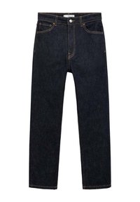 Jean droit en denim bleu foncé avec cinq poches, passants pour ceinture, bouton en métal et surpiqûres dorées visibles, posé à plat sur fond blanc.